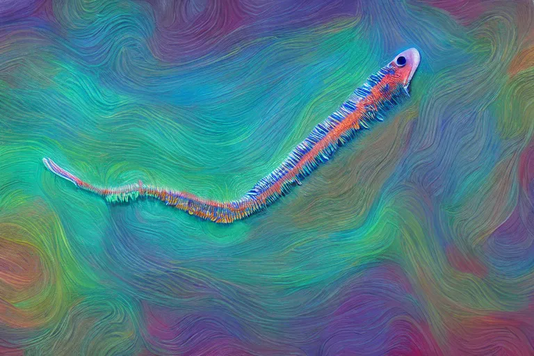 Image similar to gaseous trumpetfish,art by Alan M. Clark,trending on artstation, psychedelic lighting camera view from above,Interstellar ,fantasy artist,Dreamworks ,tonalism ,macro,
