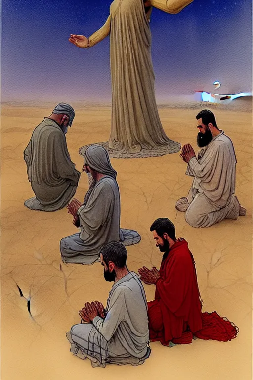 Image similar to a hyperrealist watercolour character concept art portrait of a group of middle eastern men kneeling down in prayer in front of a giant angel on a misty night in the desert. a ufo is in the background. by rebecca guay, michael kaluta, charles vess and jean moebius giraud