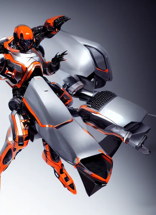 Image similar to a Photorealistic dramatic hyperrealistic full frame render of a Sleek futuristic exosuit Freedom Formula Racing Mech,Ultra realistic details,glossy white metal,Orange racing stripes,weathered surfaces,by Hidetaka Tenjin,Yoh Yoshinori,Yoji Shinkawa,Masamune Shirow,Beautiful dramatic dark moody tones and lighting,cinematic atmosphere,studio lighting,shadows,dark background, Octane render,8K