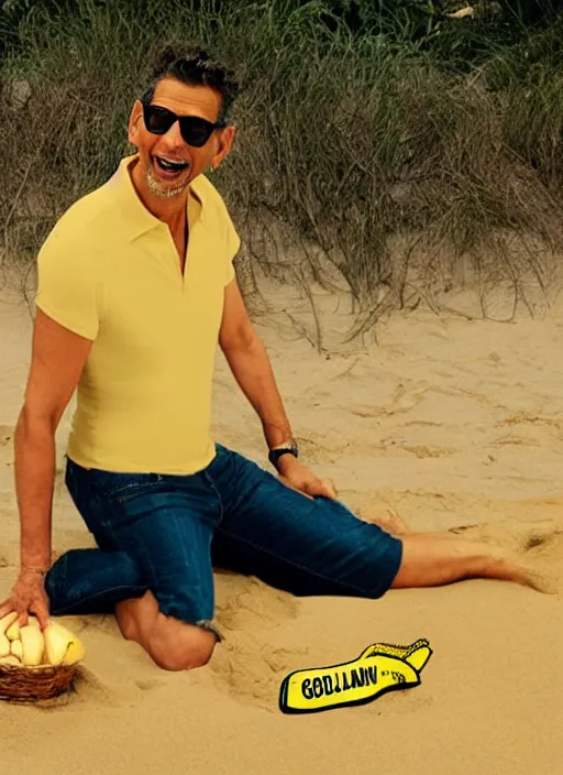 Image similar to jeff goldblum as a banana on the sand of a beach