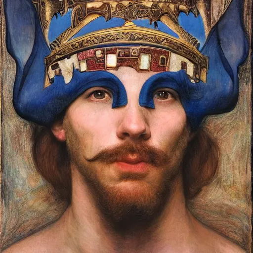 Image similar to the masked prince wearing the plasma crown, by Annie Swynnerton and Diego Rivera and Elihu Vedder, symbolist, dramatic lighting, elaborate geometric ornament, tattoos, Art Brut, soft cool colors,smooth, sharp focus, extremely detailed, Adolf Wölfli and Donato Giancola