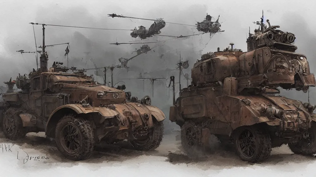 Image similar to overview of dieselpunk vehicles, watercolored, jakub rozalski, dark colours, dieselpunk, artstation