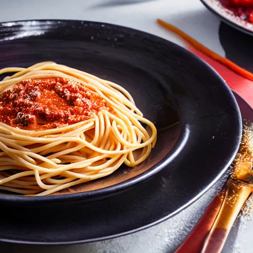 Image similar to extremely delicious looking photo of beautiful spaghetti, very expensive top quality product, michelin star, most perfect desert on the world, small manufacture, unique style, 8 k, product photography, professional studio photography