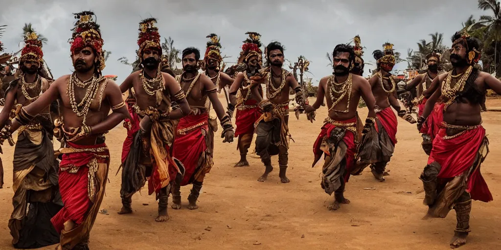 Image similar to sri lankan mad max style, sri lankan kandyan dancers, film still, epic shot cinematography, rule of thirds