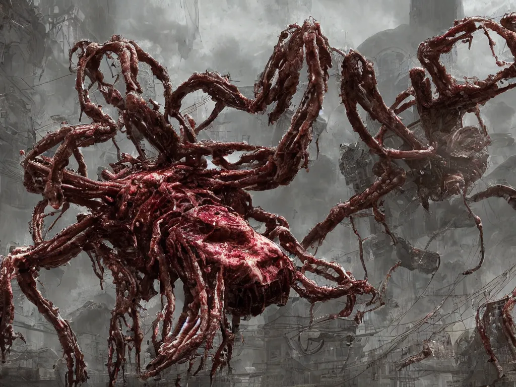 Image similar to Techno-biological meat spider panzer tank with double long barrel walks through the ruins. Consisting of tumors, veins, guts, kidneys, wires, long spider paws. Bodyhorror, biopunk, extremely high detail, ultra realistic, photorealism, concept art, octane render, view from a distance, 8k, 16k