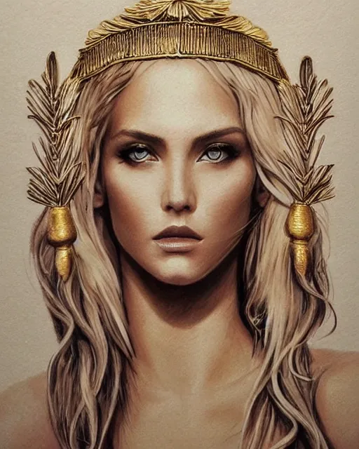 Image similar to tattoo design sketch of hot blonde super model as aphrodite greek goddess wearing a gold laurel wreath and triangle earrings, beautiful piercing gaze with sharp pupils, in the style of greg rutkowski, fantasy, amazing detail, epic, elegant, smooth, sharp focus, front view