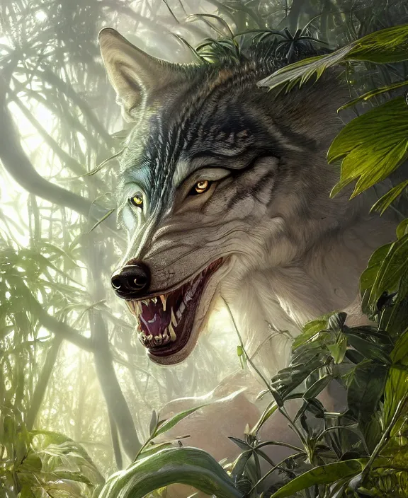 Prompt: simplicity ornate opulent transparent clear see - through portrait of a terrifying beautiful male alien wolf, mottled coloring, adorable, childlike, overgrown jungle environment, ultra realistic, concept art, art nouveau, photorealistic, octane render, 8 k, unreal engine. art by christopher marley and artgerm and greg rutkowski and alphonse mucha