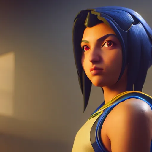 Prompt: a young girl with the appearance of pharah from overwatch, design, octane render, 4 k, ingame shot