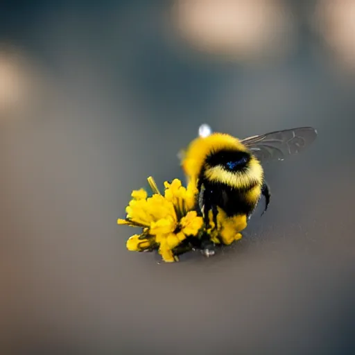 Image similar to a bumble bee made out of flowers sits on a finger, 5 0 mm lens, f 1. 4, sharp focus, ethereal, emotionally evoking, head in focus, volumetric lighting, blur dreamy outdoor,