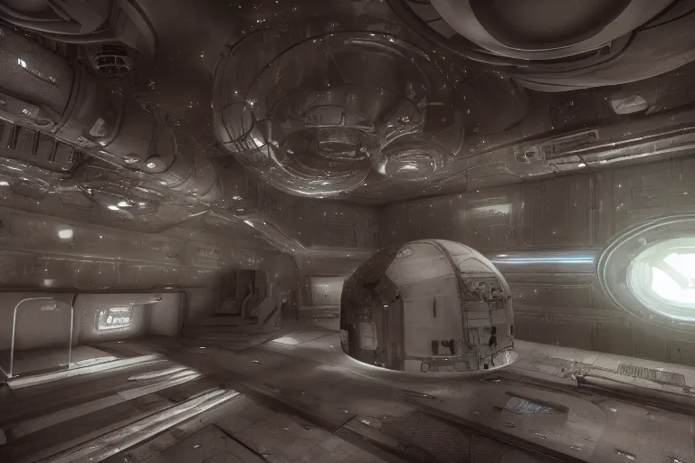 Prompt: interior of a space shp, cryogenic pods, giger stye, volumetric lighting, atmospheric