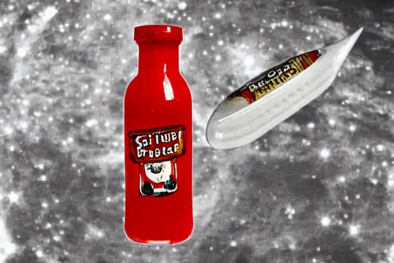 Image similar to a bottle of ketchup from 1960 in outer space