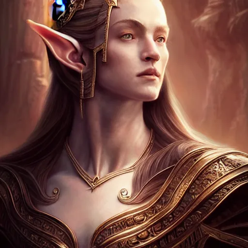 Image similar to Majestic and regal portrait of a riveting High Elf nobility, intricate, epic, elegant, menacing, fantasy, photo realistic, digital painting, hard focus, beautiful volumetric lighting, epic light, ultra detailed, by Leesha Hannigan, Ross Tran, Thierry Doizon, Kai Carpenter, Ignacio Fernández Ríos