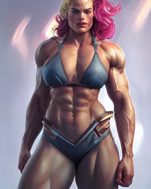 Prompt: full figure ultra realistic illustration, margot robbie as thick female bodybuilder zarya from overwatch with closed eyes, intricate, elegant, highly detailed, digital painting, artstation, concept art, smooth, sharp focus, illustration, art by artgerm and greg rutkowski and alphonse mucha