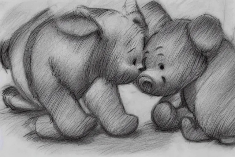 Image similar to winnie the pooh and tigger eating piglet, pencil sketch, high detail, hyper realistic,