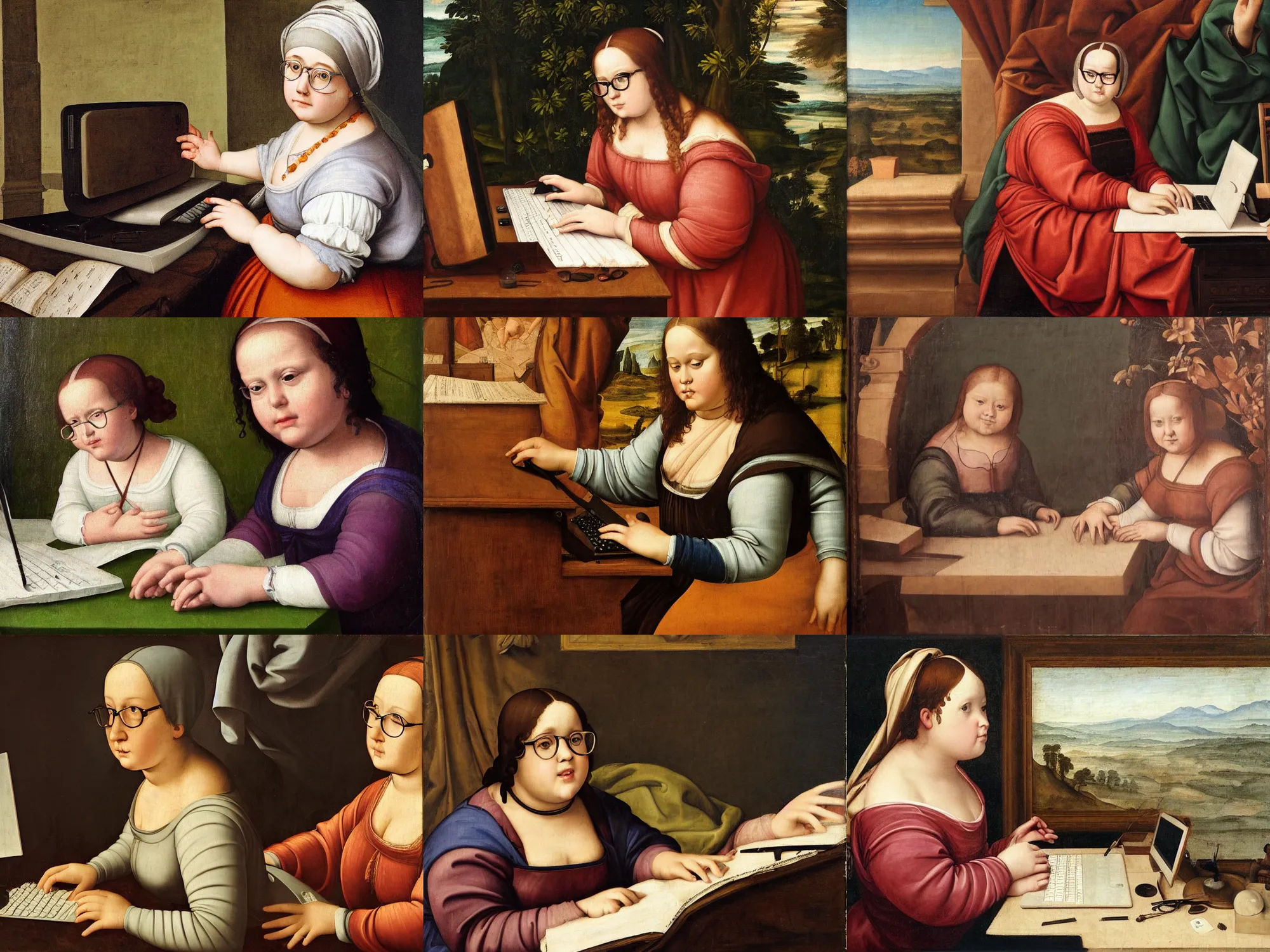 Prompt: a renaissance painting of one chubby girl with glasses typing in front of a desktop pc
