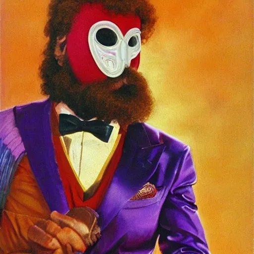 Prompt: a red bearded man wearing a purple luchadore mask and tuxedo, highly detailed, masterpiece, illustrated, art by boris vallejo