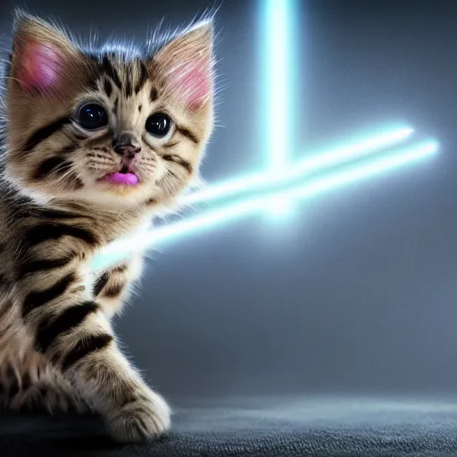 Image similar to full body pose, hyperrealistic photograph of a jedi kitten, dim volumetric lighting, 8 k, octane beautifully detailed render, extremely hyper detailed, intricate, epic composition, cinematic lighting, masterpiece, trending on artstation, very very detailed, stunning, hdr, smooth, sharp focus, high resolution, award, winning photo, dslr, 5 0 mm