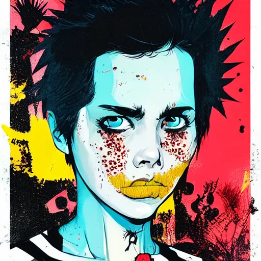 Prompt: Highly detailed portrait of a punk zombie cuban young lady with freckles and short spikey punk hair by Atey Ghailan, by Loish, by Bryan Lee O'Malley, by Cliff Chiang, was inspired by image comics, inspired by scott pilgrim, inspired by graphic novel cover art !!!electric blue, brown, black, yellow and white color scheme ((grafitti tag brick wall background))