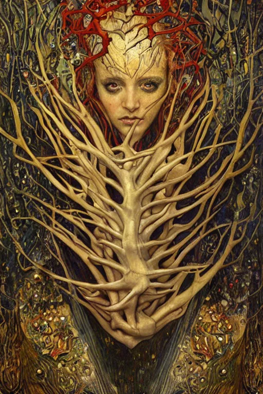 Prompt: Heart of Thorns by Karol Bak, Jean Deville, Gustav Klimt, and Vincent Van Gogh, anatomical heart, anatomically-correct sacred heart, Surreality, otherworldly, infernal enigma, Helliquary, fractal structures, celestial, arcane, ornate gilded medieval icon, third eye, spirals, dramatic sharp thorns, rich deep moody colors