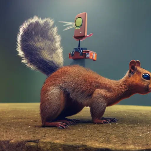 Image similar to Epic robot squirrel, Octane render, award-winning image, 4k, trending on reddit, cinematic, dramatic, even your grandma likes it, 8k, 56k dial-up