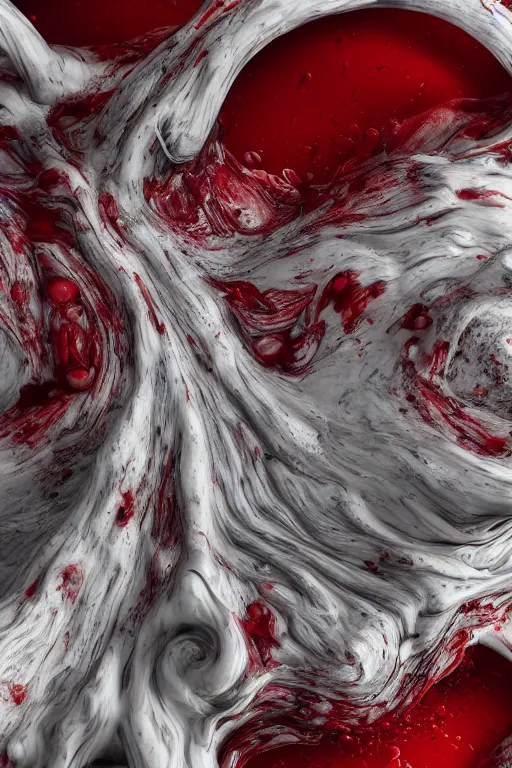 Image similar to swirling organic liquids mixing together, extremly detailed, organism, veins, red and white, intrinsec details, dramatic light, octane render, realistic