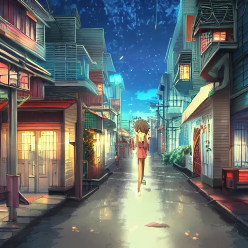 Prompt: key anime visual of a costal florida town at midnight, dark outside, modern anime style, official anime still