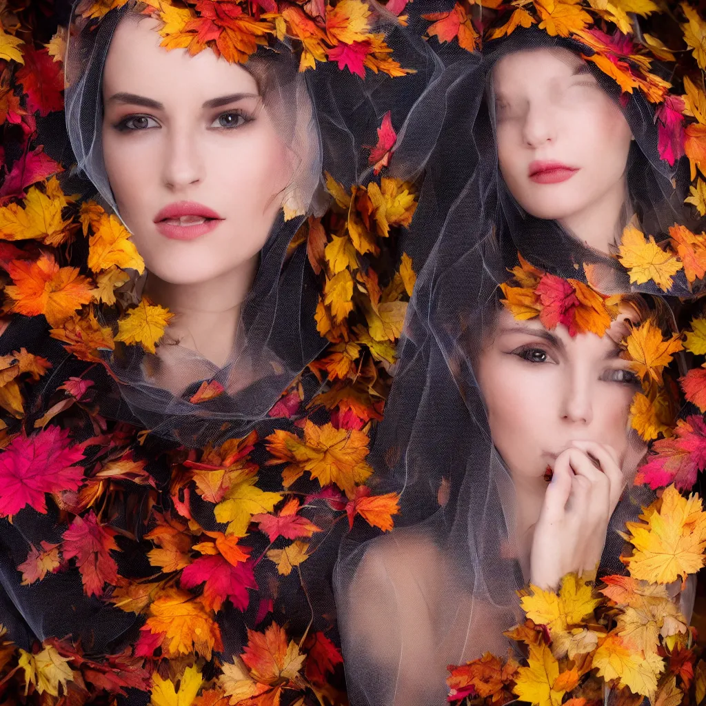 Prompt: highly detailed colorful and playful portrait fashion photography of a gazing face, wearing a widow's veil, in autumn, 105mm f2.8