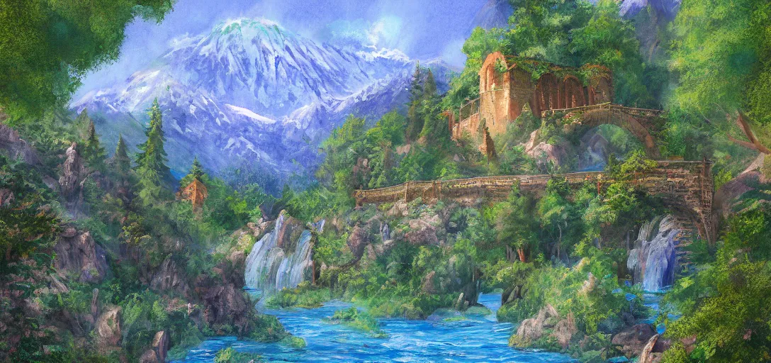 Image similar to Rivendell landscape painted by a five-year old, digital painting