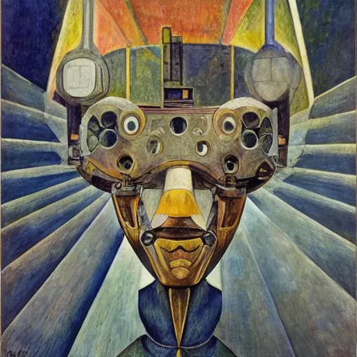 Prompt: the robot in her mechanical mask, by annie swynnerton and diego rivera and leo and diane dillon and and kit williams, symbolist, dramatic lighting, elaborate geometric ornament, art brut, god rays, soft cool colors, smooth, sharp focus, extremely detailed, adolf wolfli