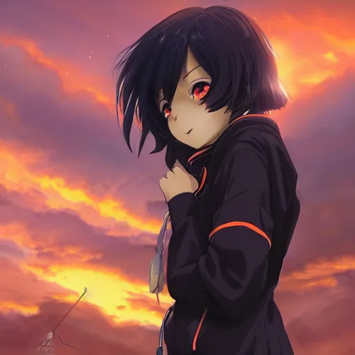 Image similar to black - haired anime girl, 1 7 - year - old anime girl with long bob cut, gothic jacket, golden hour, partly cloudy sky, red clouds, orange sky, strong lighting, strong shadows, vivid hues, ultra - realistic, sharp details, subsurface scattering, intricate details, art by artgerm, greg rutkowski, 2 0 1 9 anime screenshot