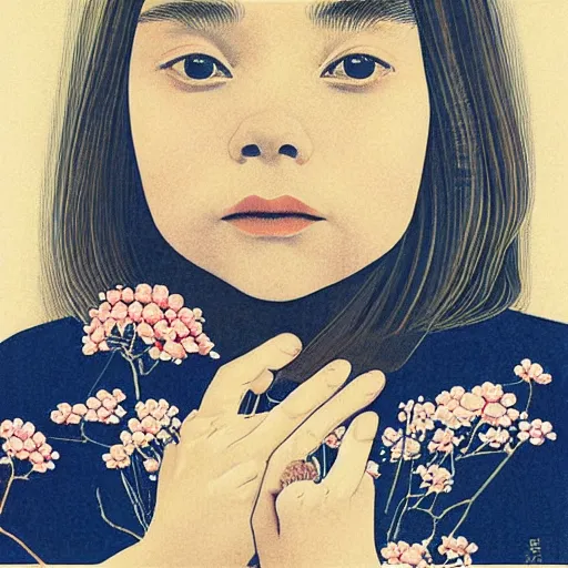 Image similar to “ chloe grace moretz portrait by ikenaga yasunari and ayana otake and ko rakusui, 6 0 s poster, drawing, realistic, sharp focus, japanese, dreamy, nostalgia, faded, golden hues, floral clothes, porcelain skin ”