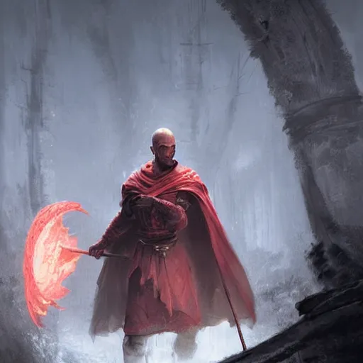 Image similar to a portrait of a red - skinned dragonborn monk in a plain white cloak white cloak, holding a spear with a black tip, fantasy art by greg rutkowski