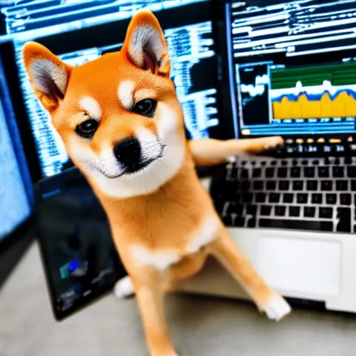 Prompt: A hat wearing shiba inu dog trading crypto like a professional on a desktop