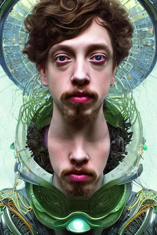 Prompt: portrait of Celestial Sam Hyde as a futuristic royal king, inside future fighter, sci-fi, fantasy, intricate, lush garden spaceship, elegant, human anatomy, royal green and nature light, highly detailed, digital painting, artstation, concept art, smooth, sharp focus, illustration, art by tian zi and WLOP and alphonse mucha