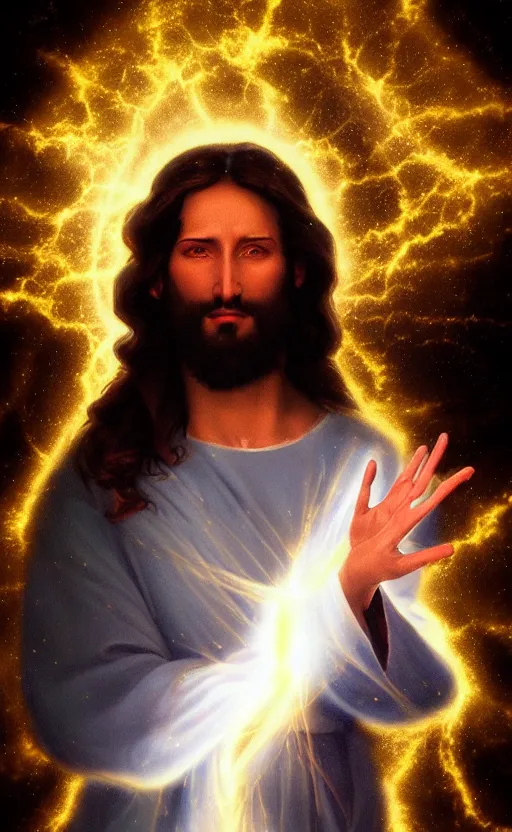 Prompt: Jesus casting a spell of cosmic love and appreciation. Digital art trending on artstation. 4k. Tyndall effect.
