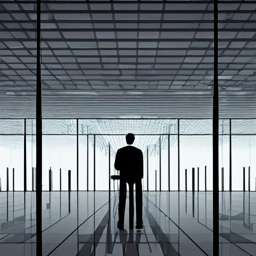 Image similar to digital artwork of lone person working in a huge room full of cubicles, the only light is coming from his desk