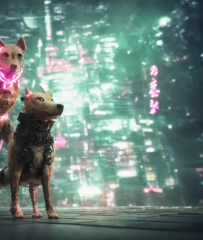 Image similar to japanese model cyborg dog with digital led skin, neon lighting, techno neon projector background, family photo, intricate details, ultra realistic, unreal engine 5, depth of field, bokeh, octane render