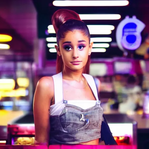 Prompt: ariana grande portrait working in a fast food restaurant, in a cinematic cyberpunk style, 3 5 mm