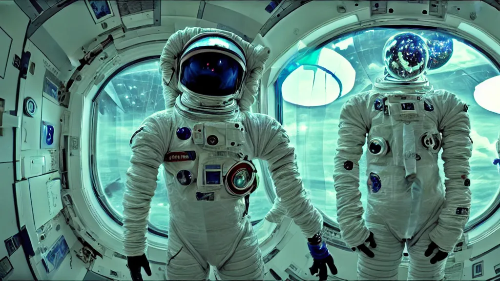 Image similar to a cybernetic symbiosis of a single astronaut eva suit with diamond 3d fractal lace iridescent bubble 3d skin covered with insectoid compound eye camera lenses floats through the living room, film still from the movie directed by Denis Villeneuve with art direction by Salvador Dalí, wide lens,