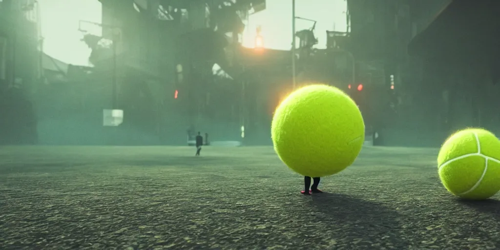 Image similar to a photo of 8 k ultra realistic tennis ball monster, tennis ball monsters, exotic, cinematic lighting, trending on artstation, 4 k, hyperrealistic, focused, high details, unreal engine 5, cinematic, alien planet atmosphere in background, 3 d render by basil gogos and beeple