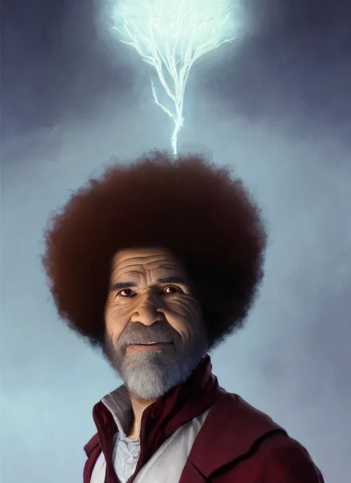 Image similar to Portrait of Bob Ross, white glowing eyes, maroon coloured afro, male, fantasy, extremely detailed, digital painting, artstation, concept art, smooth, sharp focus, illustration, stunning lighting, art by artgerm and greg rutkowski and alphonse mucha and simon stalenhag, realistic character concept, high fantasy, light atmosphere, golden ratio, cinematic lighting, hyperdetailed, high resolution, insanely detailed and intricate, artstation, Marc Simonetti, Greg Rutkowski, 8k