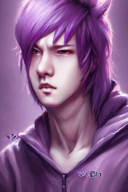 Image similar to gorgeous!!! hyper - realistic teenager boy with purple hair, purple eyes with red eye markets, wearing combat japanese clothes, holding a fan | drawn by wlop, drawn by jeehyung lee, drawn by artgerm | intricate, highly detailed, digital painting, character design, concept art, illustration, artstation