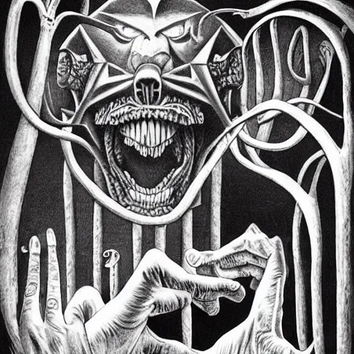 Prompt: high quality rendition of a horrifying man eater by m. c escher, m night shamalan, steven king and h. p. lovecraft. this will keep me up at night.