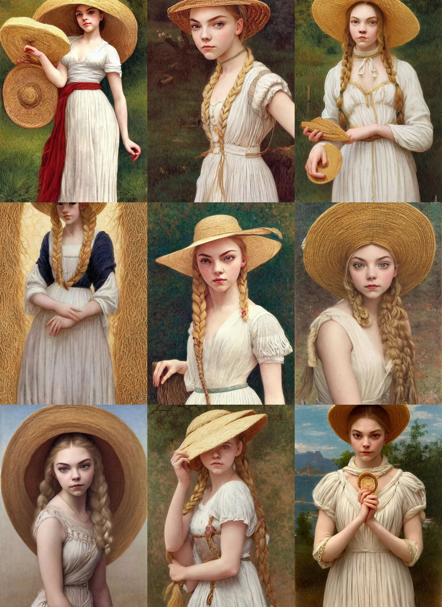 Prompt: anya taylor - joy, annasophia robb, portrait, blond, wearing huge straw hat, symmetrical face, long braided blond hair, white ancient dress, intricate, elegant, highly detailed, sharp focus, illustration, bouguereau, mucha