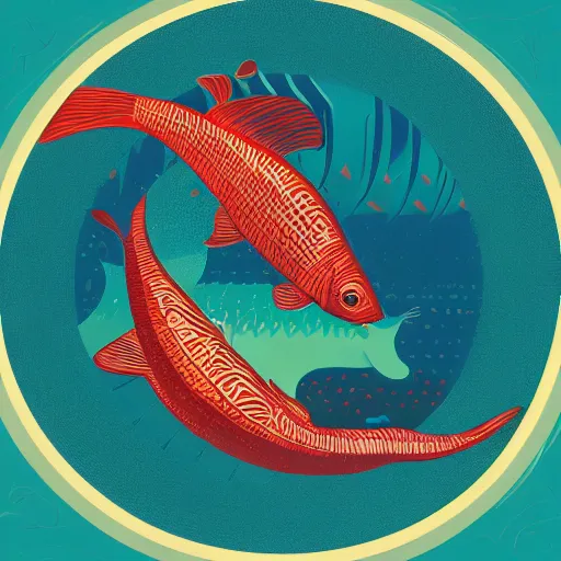 Prompt: one stylized fish in center of view, viewed in profile, dark ocean, complex patterns, artstation, intricate, realistic, highly detailed, digital painting, concept art, sharp focus, illustration by tom whalen and charles williams and kilian eng and james jean