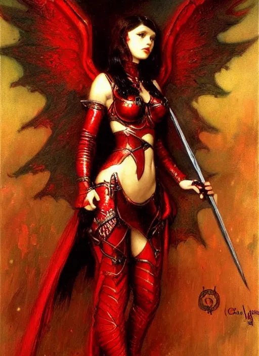 Image similar to angel knight gothic girl in dark and red dragon armor. by gaston bussiere