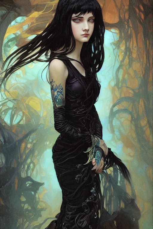 Image similar to portrait of teenage girl with long glossy black hair, blue eyes, glowing skin, fashion model features, fantasy, intricate, elegant, black dress, highly detailed, digital painting, artstation, concept art, smooth, sharp focus, illustration, art by Krenz Cushart and Artem Demura and alphonse mucha