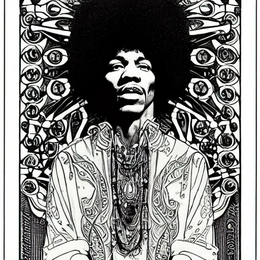 Image similar to artwork by Franklin Booth and Alphonse Mucha showing a portrait of Jimi Hendrix as a futuristic space shaman