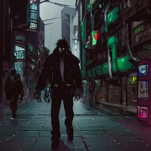 Prompt: a beautiful picture of a cyberpunk rogue walking in crowded city by katsuhiro otomo trending on artstation