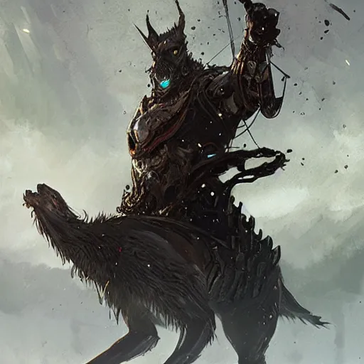 Image similar to mechanical king of wolves, elden ring, by greg rutkowski